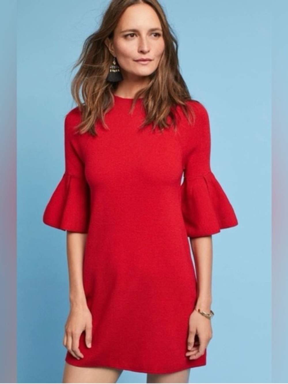 Moth Anthropologie Red Bell-Sleeve Mini Dress